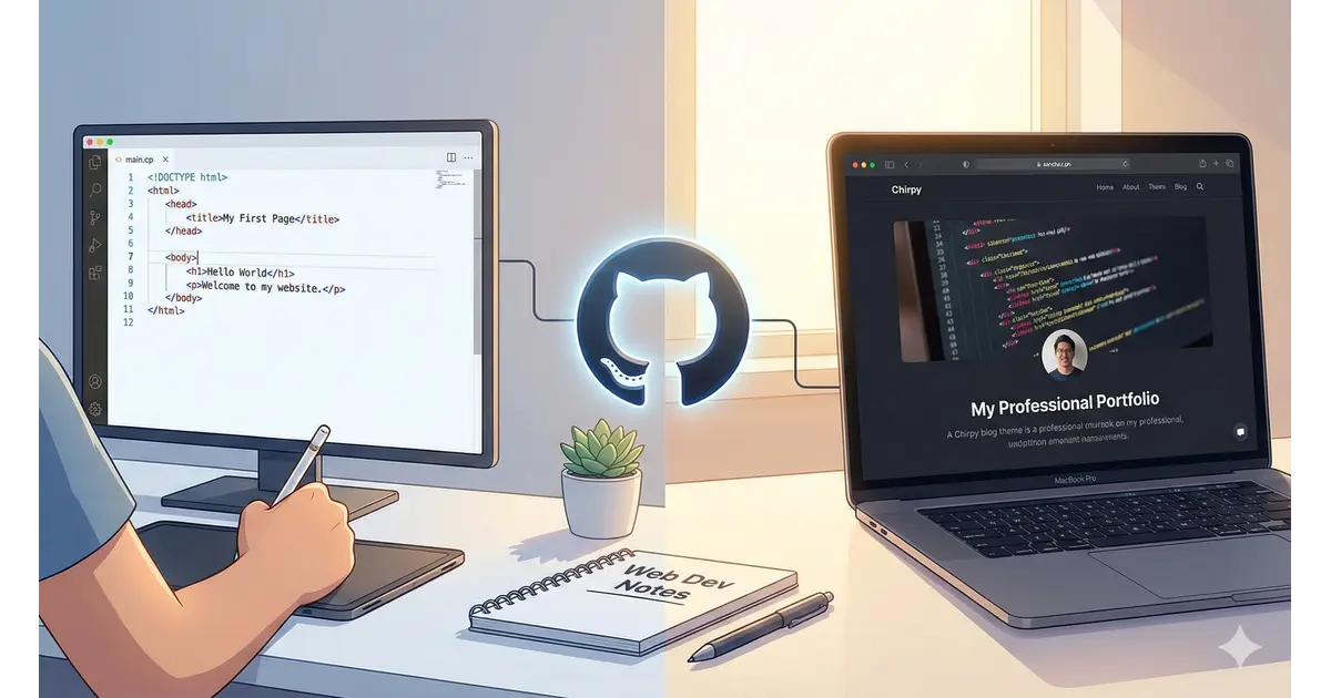 A split screen showing HTML code on one side and a professional Chirpy blog on the other.