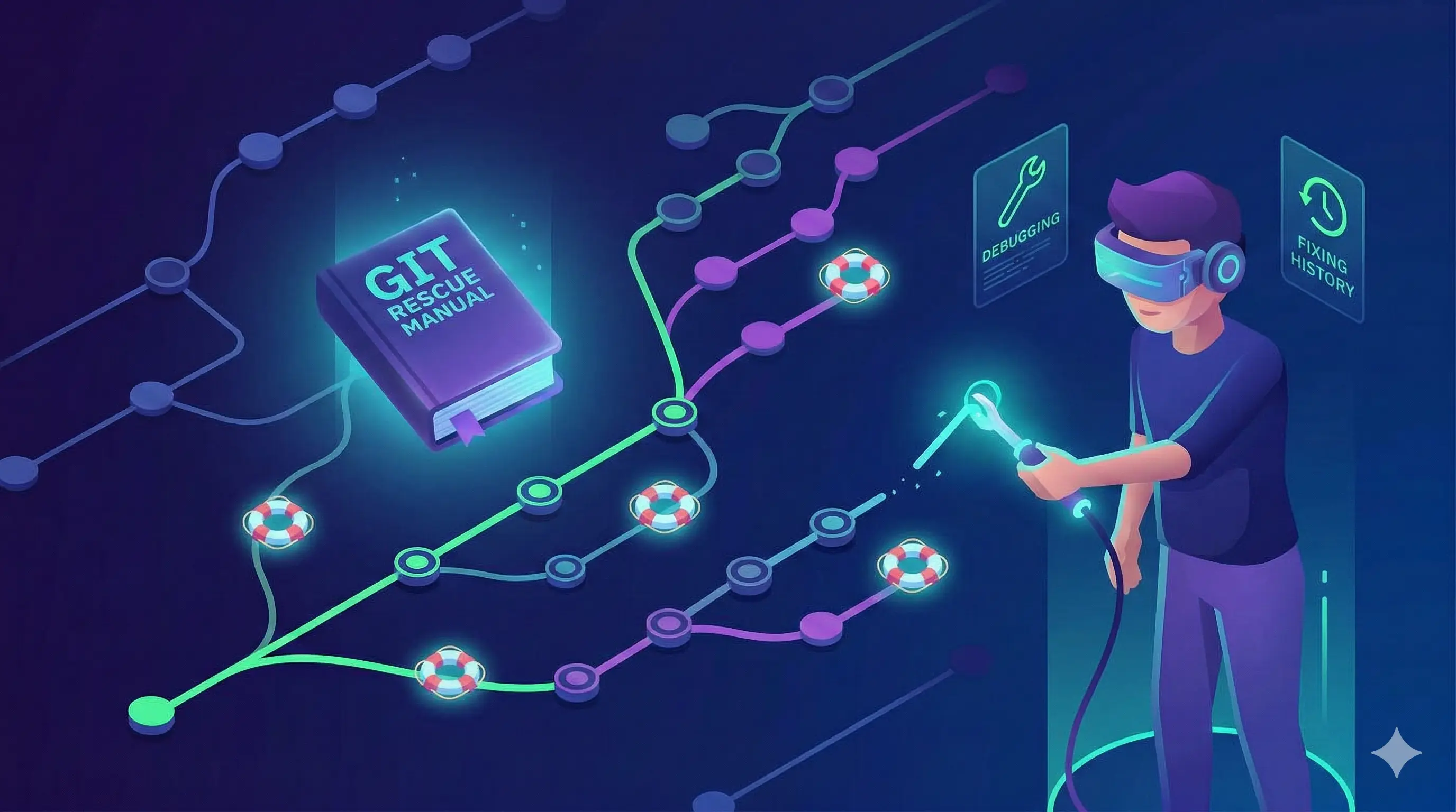 A stylized illustration of a developer rescuing and stabilizing code repositories in a digital world.