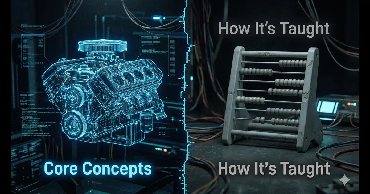 A split illustration showing a complex engine block vs a simple calculator.