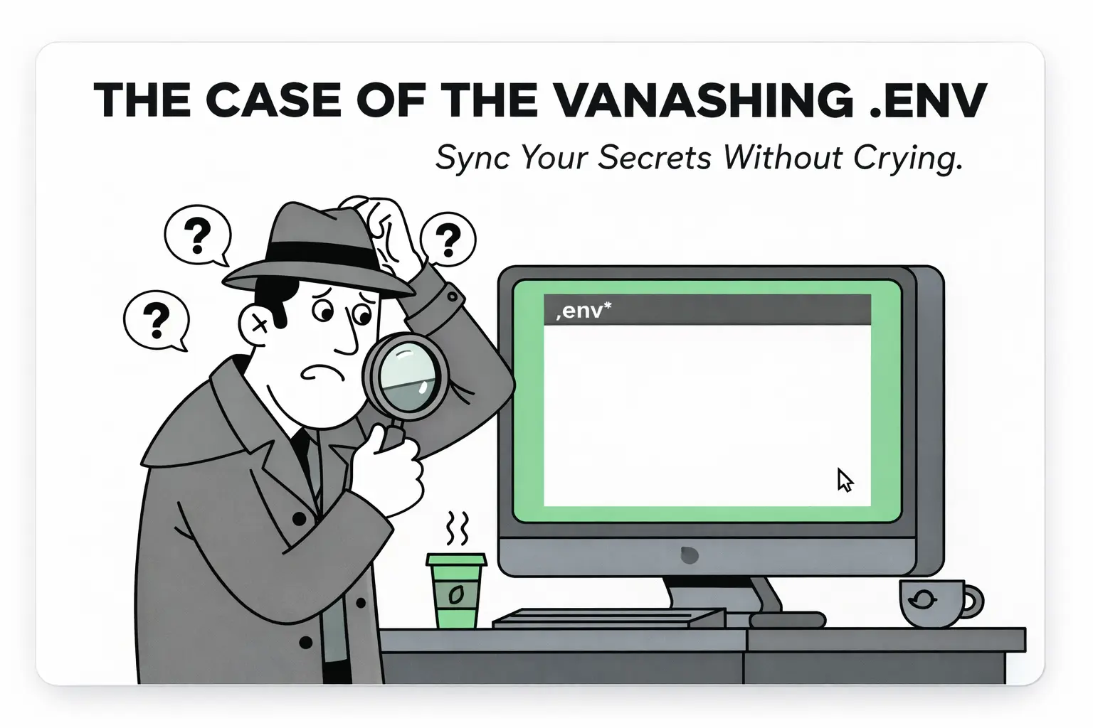 Detective looking at a blank .env file on a screen, scratching head.