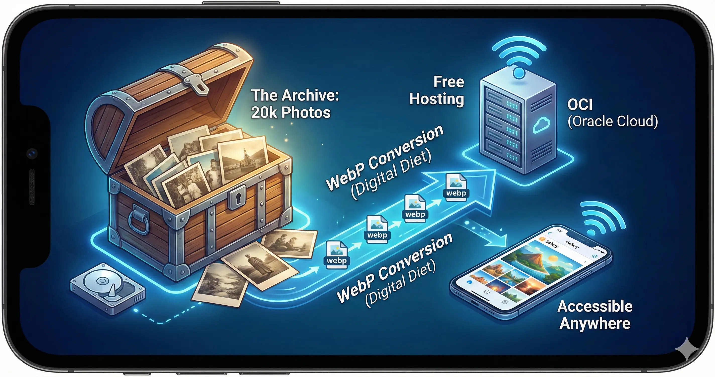 A treasure chest of photos being converted to WebP and uploaded to an OCI server and phone.